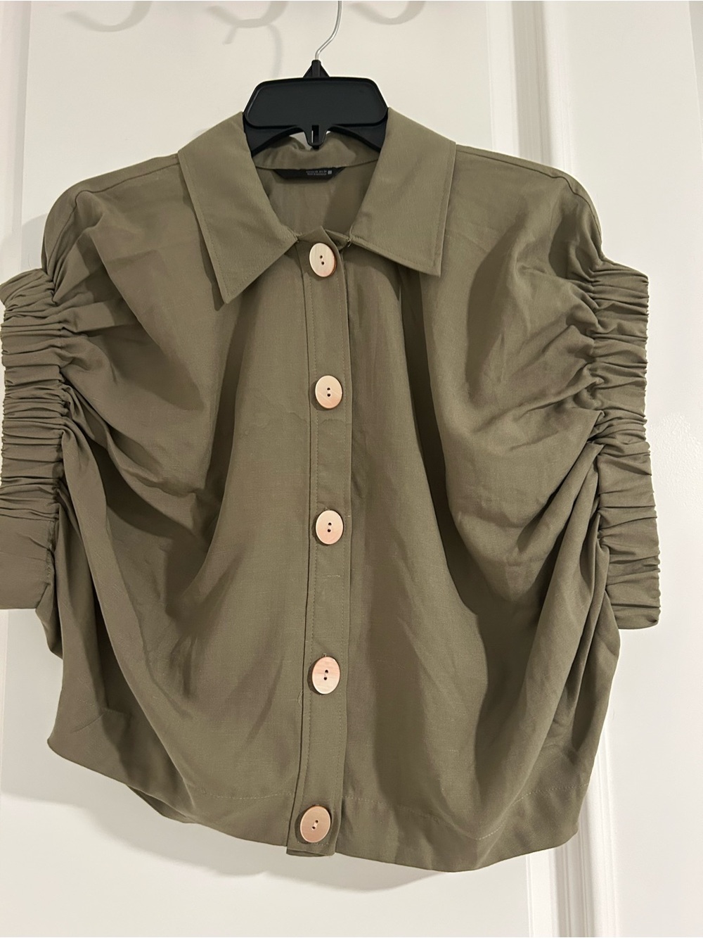 Zara Olive Button-Front Ruched Sleeve Shirt